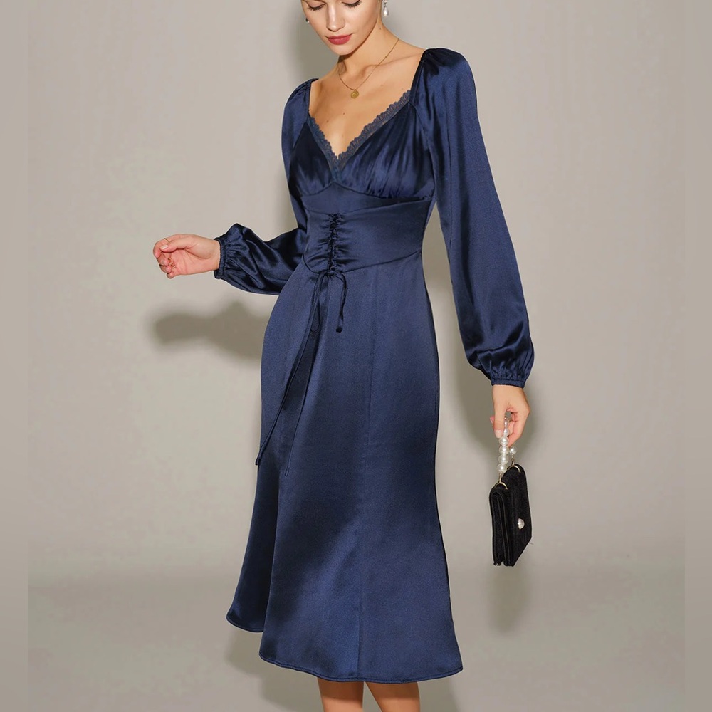 Rihoas Navy Satin V Neck Ruched Midi Dress
